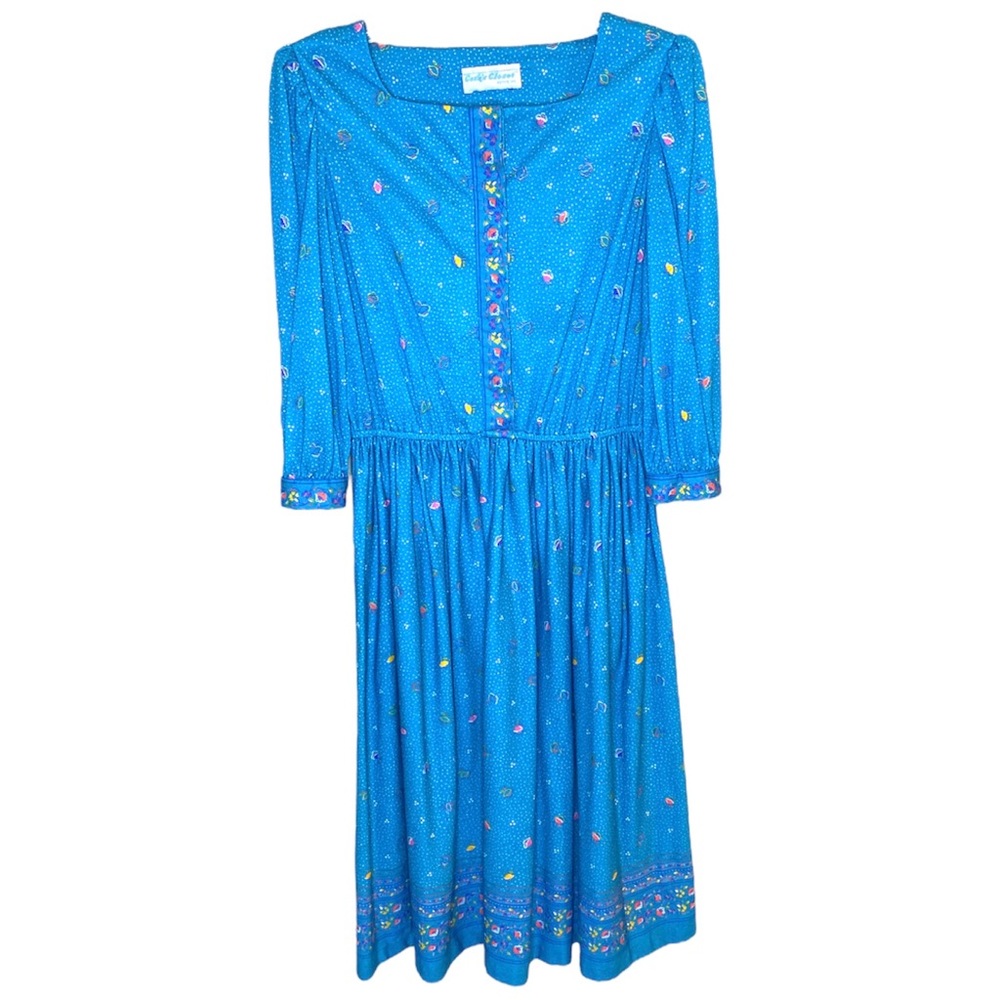 Vintage Cora’s Closet Floral Turquoise Long Sleeve Square Neck Dress Sm Petite